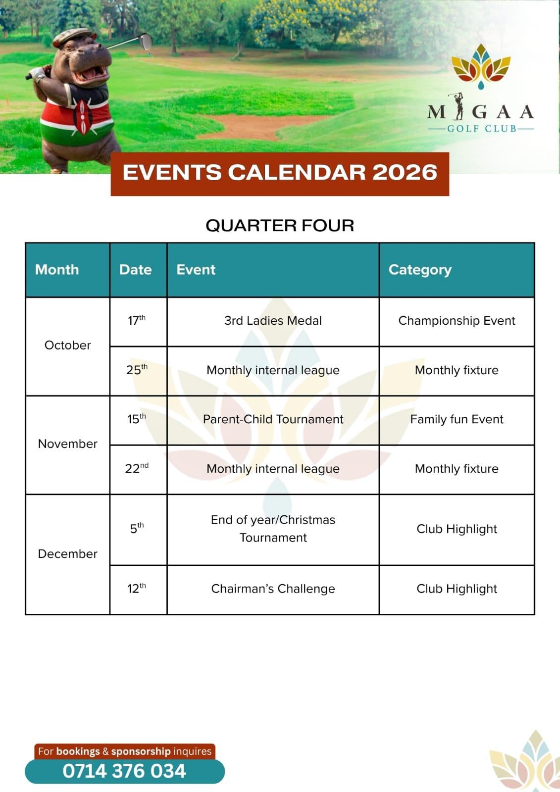 
            EVENTS CALENDAR 2026-MIGAA GOLF CLUB (QUARTER 4)
